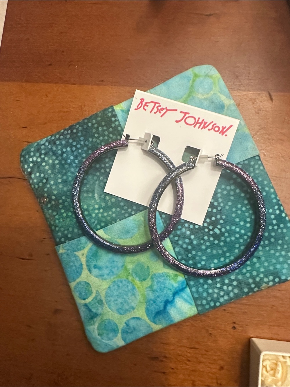 Betsey Johnson Iridescent Purple-Blue Glitter Hoop Earrings